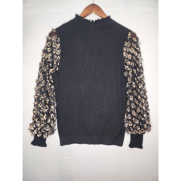 Sioni Women's Med Black Leopard Flutters Ruffle Lace Mock Sweater Top Blouse - Picture 1 of 6